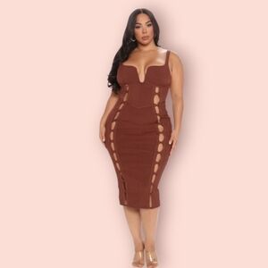 Chic Brown Bodycon Midi Dress Sweetheart Neckline